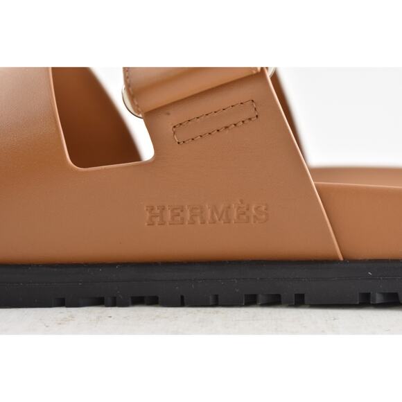 Hermes Chypre Sandal Mens Naturel Brown Gold Leather H Logo Slide Flat 45 12 - Picture 10 of 13